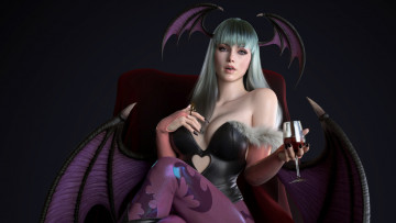 Картинка 3д+графика существа+ creatures крылья девушка рога бокал