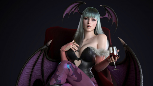 Обои картинки фото 3д графика, существа , creatures, крылья, девушка, рога, бокал
