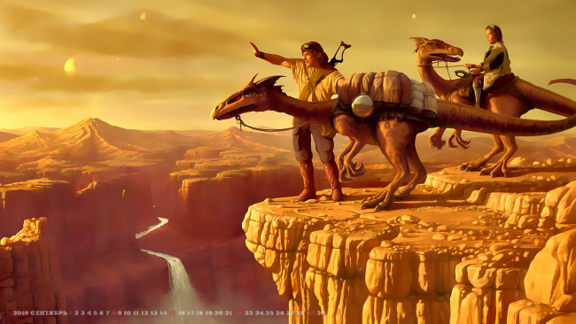 Обои картинки фото календари, фэнтези, человек, природа, водопад, calendar, 2019, мужчина, динозавр, животное