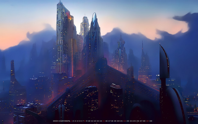 Обои картинки фото календари, фэнтези, 2019, calendar, ночь, здание, небоскреб, город