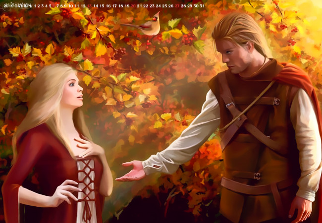 Обои картинки фото календари, фэнтези, девушка, осень, 2019, calendar, природа, женщина, мужчина, листья