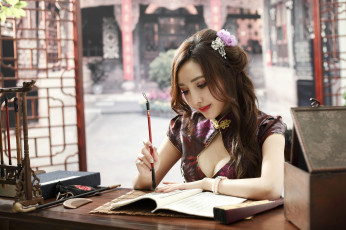 Картинка девушки -+азиатки декольте азиатка бумага кисточка