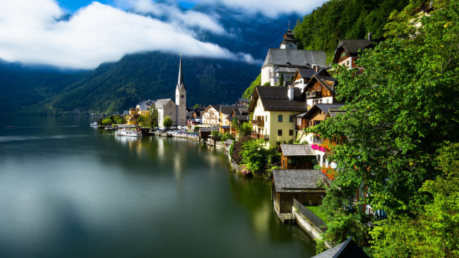 Обои картинки фото города, гальштат , австрия, горы, озеро, туман