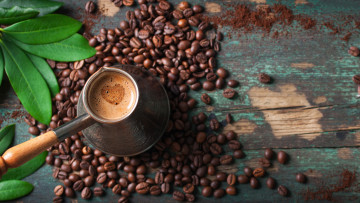 Картинка еда кофе +кофейные+зёрна листья зерна джезва