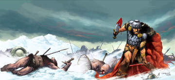 Картинка фэнтези люди конан варвары оружие кровь битва снег