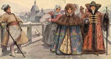 обоя сергей соломко, рисованное, живопись, люди, бояре, наряды, мост, город