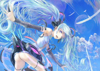 Картинка аниме vocaloid девушка самолёты miku append небо облака