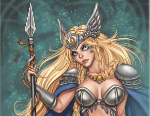 Картинка фэнтези девушки доспехи украшения глаза лицо косичка волосы копье девушка амазонка