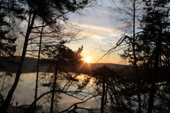 Картинка природа восходы закаты деревья река закат