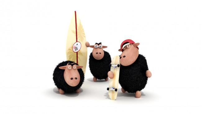 Обои картинки фото 3д, графика, humor, юмор, овцы, скейтборд, доска, черные