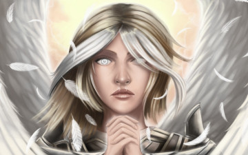 Картинка фэнтези ангелы angel ангел лицо взгляд волосы крылья руки перья
