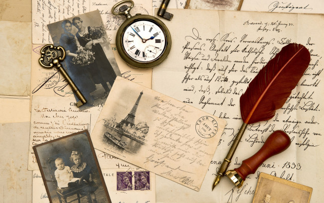 Обои картинки фото разное, ретро,  винтаж, винтаж, письма, старая, бумага, фотографии, сепия, перо, штемпель, часы, ключ