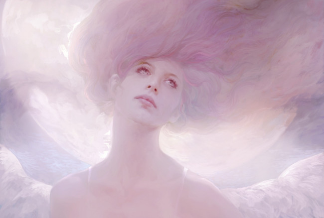 Обои картинки фото фэнтези, ангелы, арт, нарисованная, девушка, ангел, крылья, взгляд