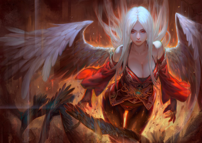 Обои картинки фото фэнтези, ангелы, ангел, angel, волосы, красные, глаза, девушка, огонь, крылья, птицы, фантастика