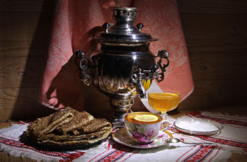 Картинка еда блины +оладьи самовар масленица чай лимон мед сметана