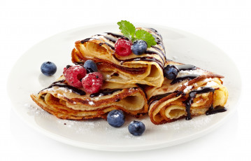 Картинка еда блины +оладьи мята голубика листики пудра малина ягоды шоколад