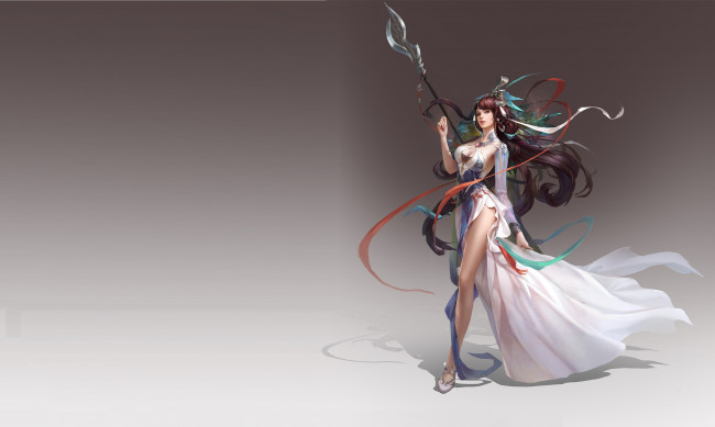 Обои картинки фото видео игры, ~~~другое~~~, арт, девушка, игра, оружие, алебарда, фентези, платье