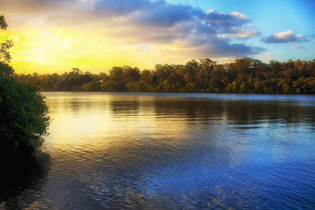 Обои картинки фото природа, восходы, закаты, пейзаж, вода, отражение, закат, небо, деревья, листья