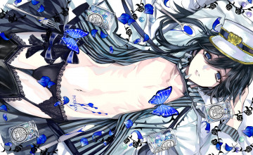 Картинка аниме unknown +другое бабочки взгляд волосы фон девушка