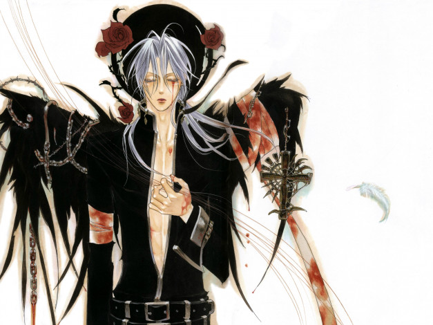 Обои картинки фото аниме, trinity blood, черные, крылья, цепи, art, kiyo, kyujyo, кровавые, слезы, крест, проклятие, abel, nightroad, кровь, триединства, trinity, blood