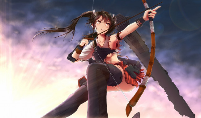 Обои картинки фото аниме, kantai collection, лук, взгляд, фон, девушка