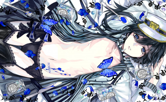 Обои картинки фото аниме, unknown,  другое, бабочки, взгляд, волосы, фон, девушка