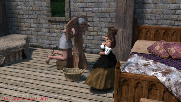 Картинка ciri+and+the+dwarfs 3д+графика фантазия+ fantasy фон взгляд девушка