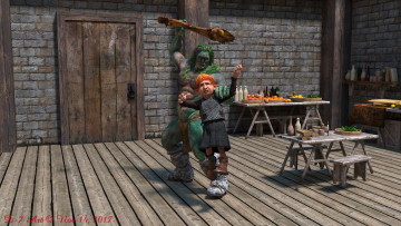 обоя ciri and the dwarfs, 3д графика, фантазия , fantasy, фон, взгляд, девушка