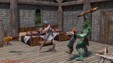 Картинка ciri+and+the+dwarfs 3д+графика фантазия+ fantasy фон девушка взгляд