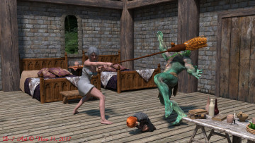 Картинка ciri+and+the+dwarfs 3д+графика фантазия+ fantasy фон взгляд девушка