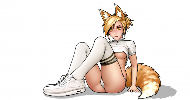 Обои картинки фото аниме, животные,  существа, девушка, взгляд, фон, уши, хвост