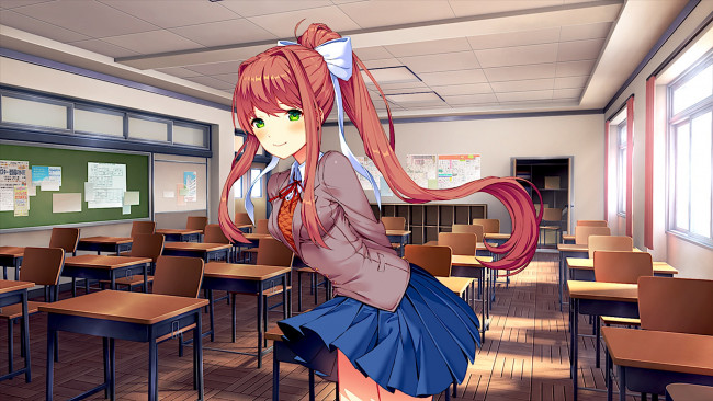 Обои картинки фото doki doki literature club, аниме, фон, взгляд, девушка