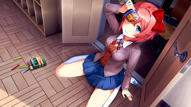 Обои картинки фото doki doki literature club, аниме, фон, взгляд, девушка