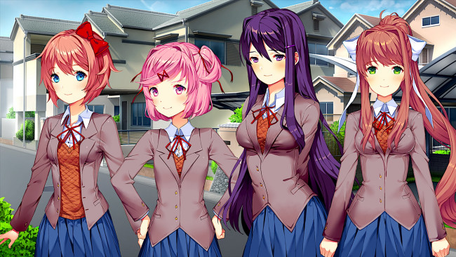 Обои картинки фото doki doki literature club, аниме, взгляд, девушки, фон