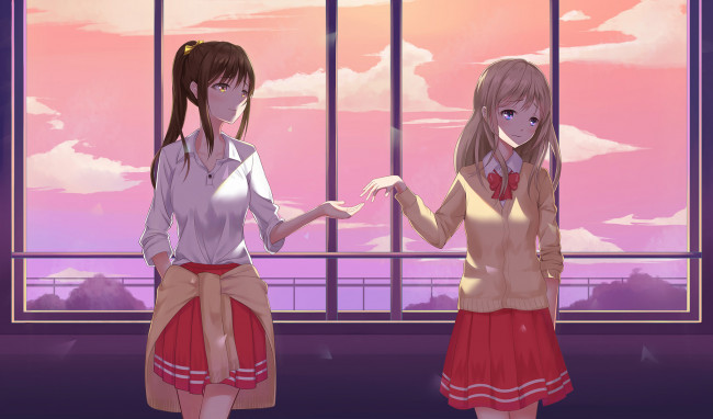 Обои картинки фото аниме, unknown,  другое , взгляд, девушки, фон