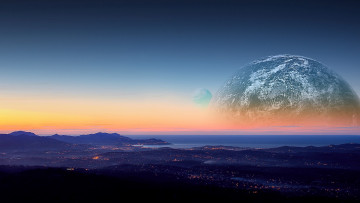 Картинка разное компьютерный+дизайн планеты небо закат город огни море