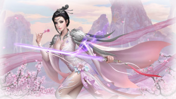 Картинка фэнтези девушки девушка фон взгляд меч платье