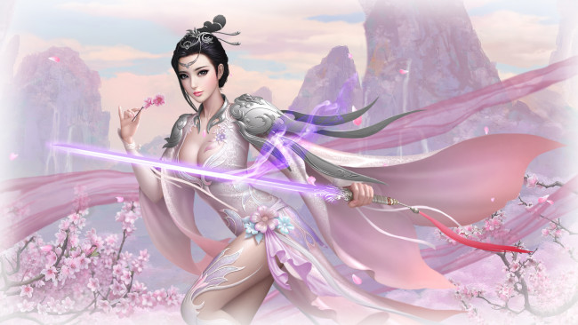 Обои картинки фото фэнтези, девушки, девушка, фон, взгляд, меч, платье