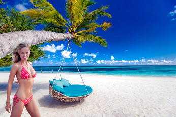 Картинка девушки genevieve+morton тропики пальмы блондинка купальник