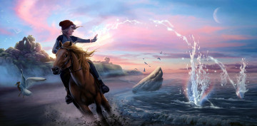 Картинка фэнтези магия всадница море птицы