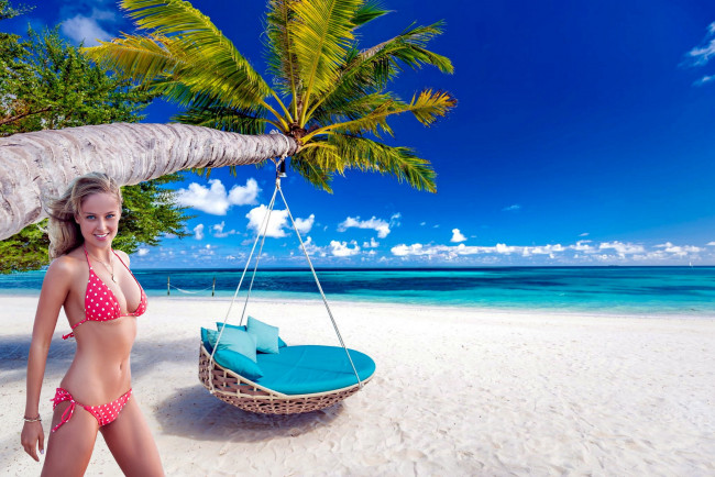 Обои картинки фото девушки, genevieve morton, тропики, пальмы, блондинка, купальник