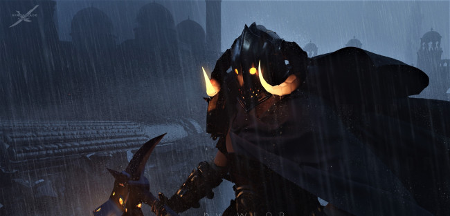 Обои картинки фото фэнтези, _ghost blade ,  призрачный клинок, существо, рога, топор, дождь, город, плащ