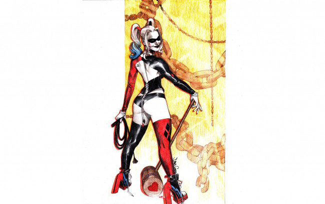 Обои картинки фото рисованное, комиксы, молот, кнут, костюм, харли, квинн