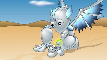 обоя фэнтези, роботы,  киборги,  механизмы, крылья, пустыня