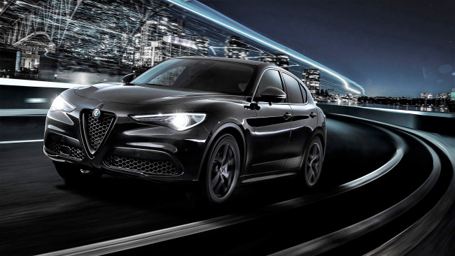 Обои картинки фото alfa romeo stelvio, автомобили, alfa romeo, черный, скорость, огни, дорога