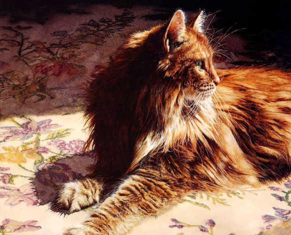 Обои картинки фото рисованное, sueellen ross, кот, рыжий, покрывало