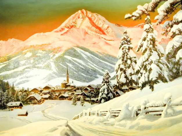 Обои картинки фото рисованное, alois arnegger, горы, лес, снег, зима, город, долина, следы