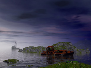 Картинка 3д графика sea undersea море баркас