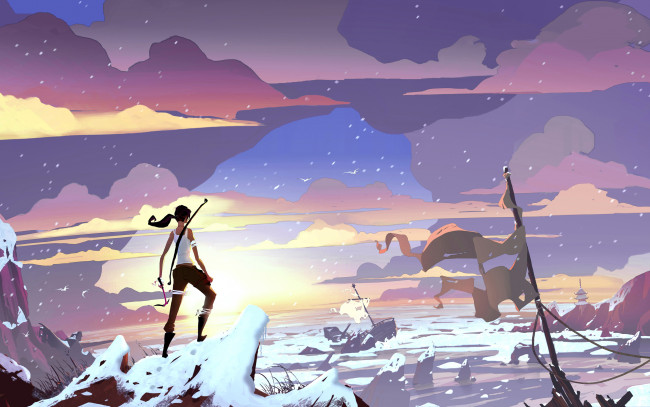 Обои картинки фото аниме, weapon, blood, technology, зима, снег