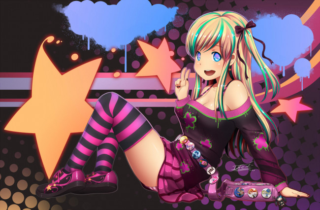Обои картинки фото аниме, *unknown, другое, бантик, звезда, чулки, значки, сумка, девушка